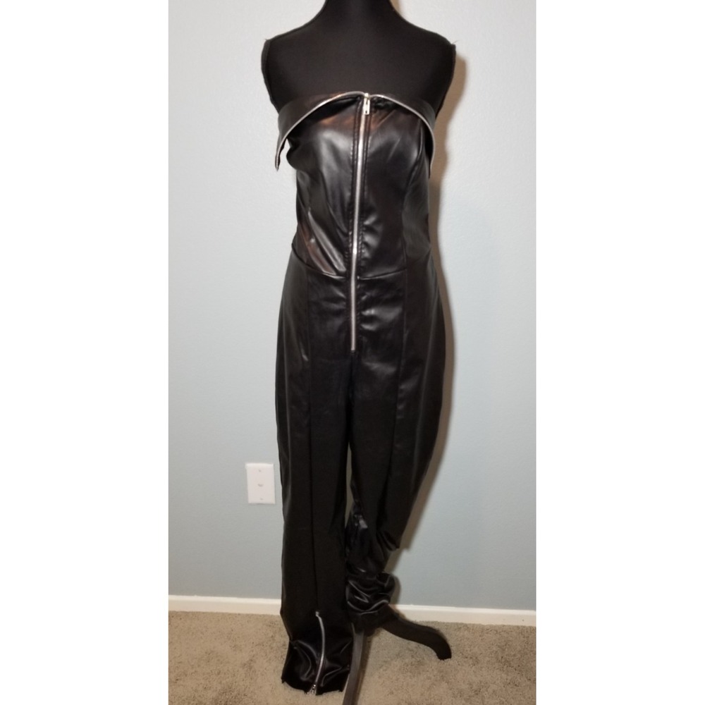 As You Womens Sz 10 Black Faux Leather Strapless Jumpsuit Zippers Biker NWOT